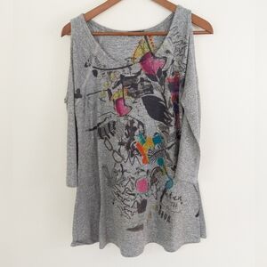 Inoah "Open The Door" Abstract Graphic Cold Shoulder Tunic Size Small